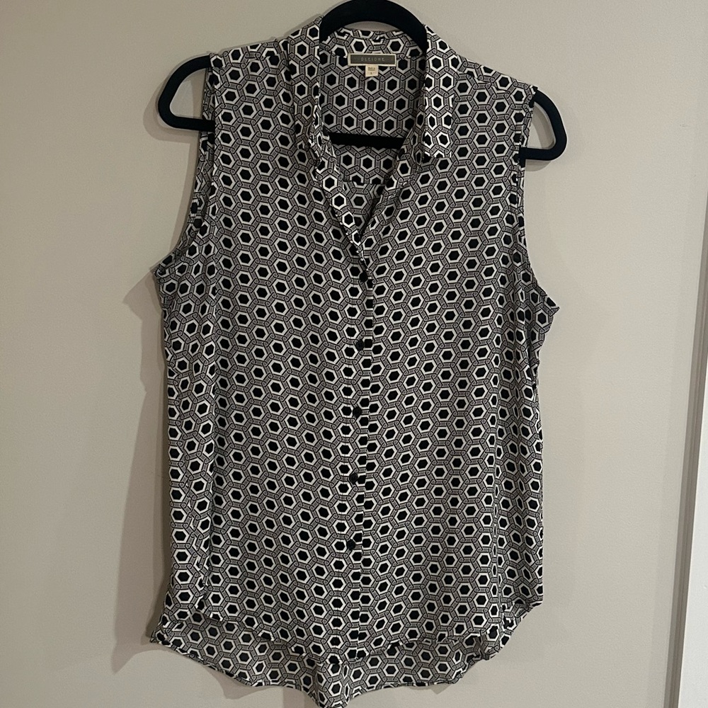 PLEIONE Sleeveless Blouse, Geometric Print, Button Front, Size L